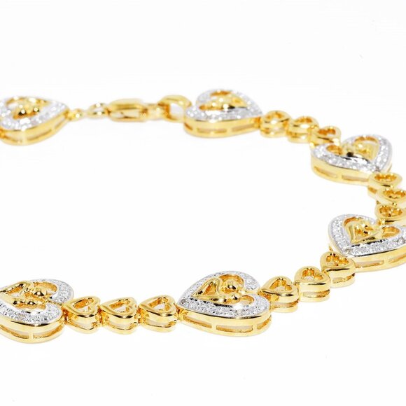 .925 STERLING SILVER .07CT NATURAL ROUND CUT WHITE DIAMOND HEART LINK BRACELET - Picture 1 of 9